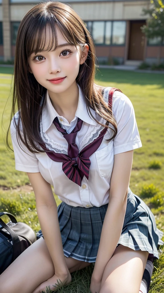 1girl, extremely cute face, Amazing face and eyes, (highly detailed eyes, highly detailed face), (hyper-realistic, hight resolution), (best Quality:1.4), Raw photo, (Realistic, Photorealsitic:1.37), Professional Photography, Cinematic Light, (lace bra:1.25), (amazing breasts:0.8), (school uniform, pleated mini skirt:1.5), (school uniform with open breasts), Smile slightly, Sitting, spread your legs wide open, Staring at me, outdoor, meadow, lawn, bench,