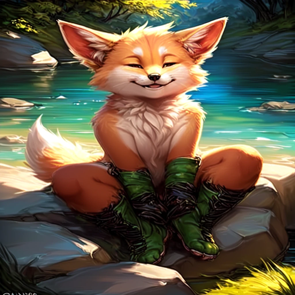 a painting of a cat sitting on a rock next to a river, anthro art, furry fantasy art, very very beautiful furry art, an anthro fox, anthro paw pov art, furry art, portrait of an anthro fox, anthropomorphic furry art, adorable digital painting, an anthropomorphic fox, wlop and ross tran