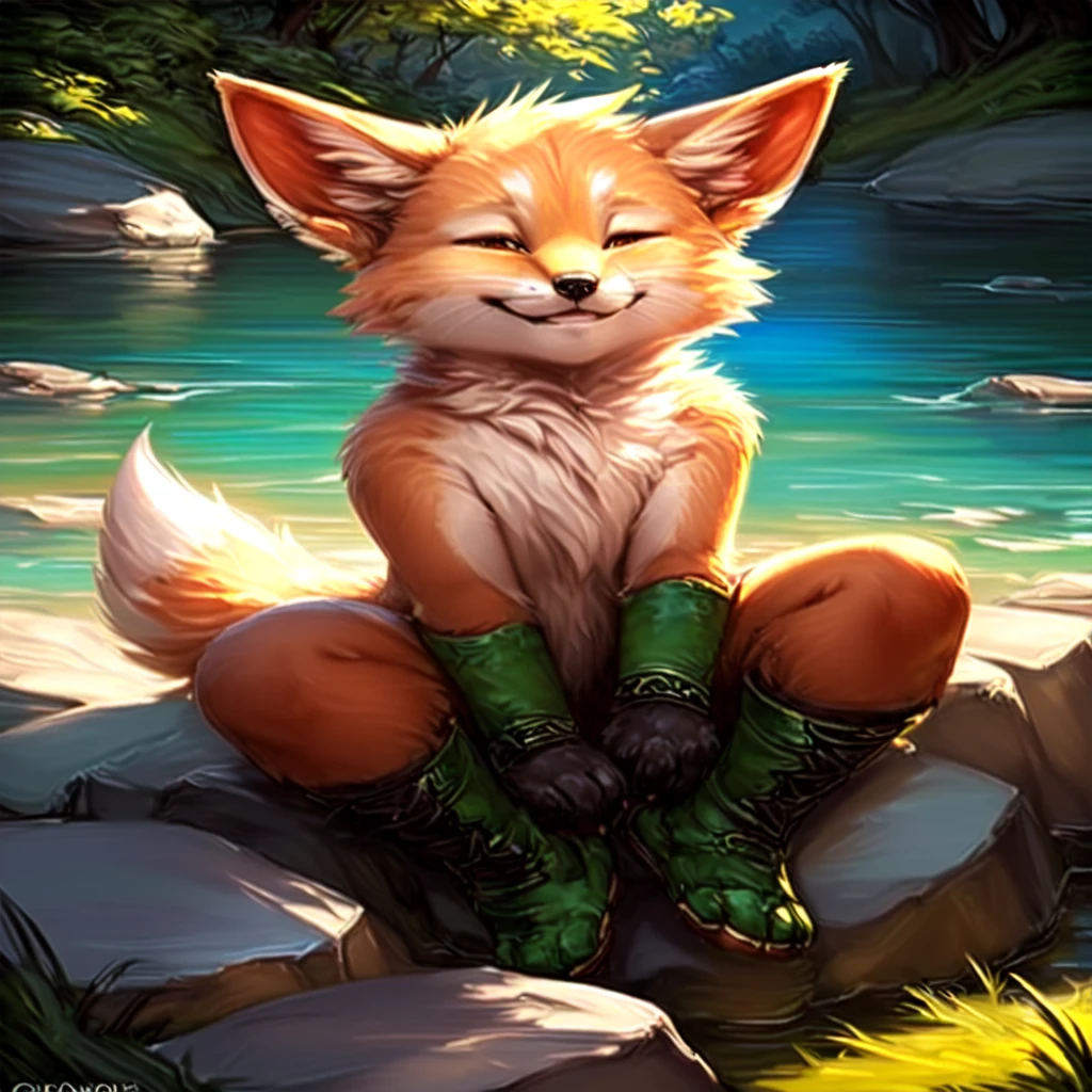 a painting of a cat sitting on a rock next to a river, anthro art, furry fantasy art, very very beautiful furry art, an anthro fox, anthro paw pov art, furry art, portrait of an anthro fox, anthropomorphic furry art, adorable digital painting, an anthropomorphic fox, wlop and ross tran