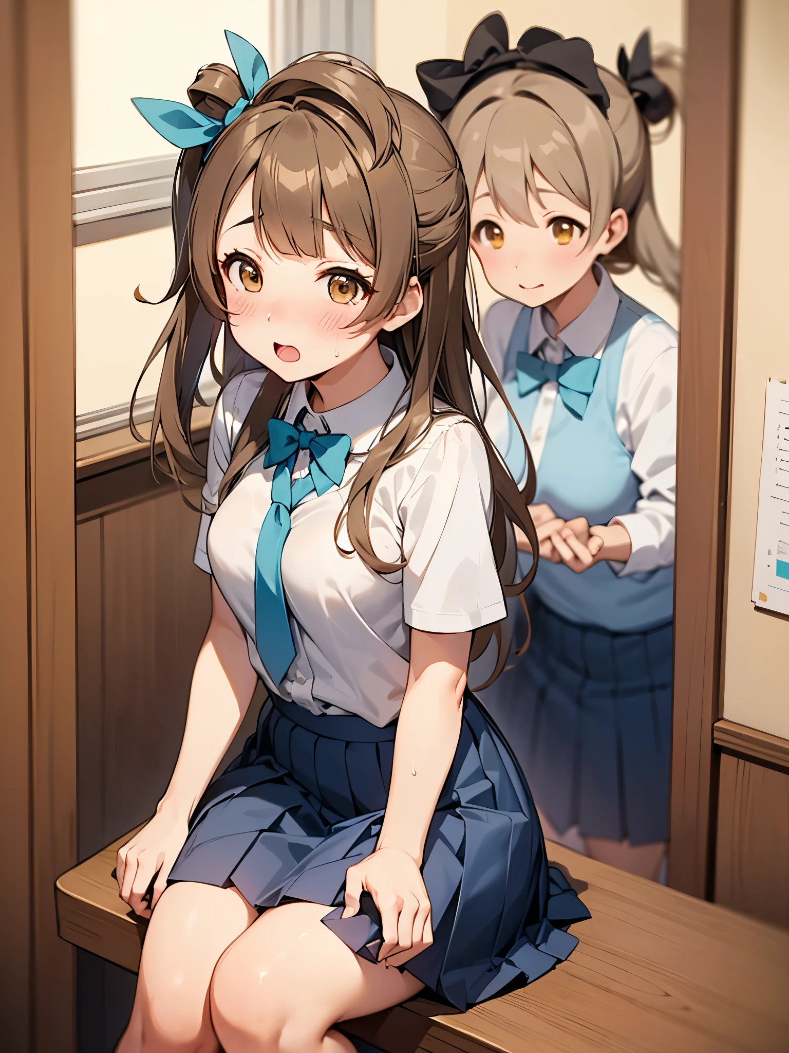 NSFW,Minami Kotori、Brown Hair、（Brown eyes：1.5）、One side up、ヘアribbon、ribbon、Long Hair、Blue Skirt、Otonokizaka Academy uniform、Pleated skirt、、(Perfect hands),(Perfect Anatomy),(masterpiece),(Highest quality),School,Embarrassed,blush