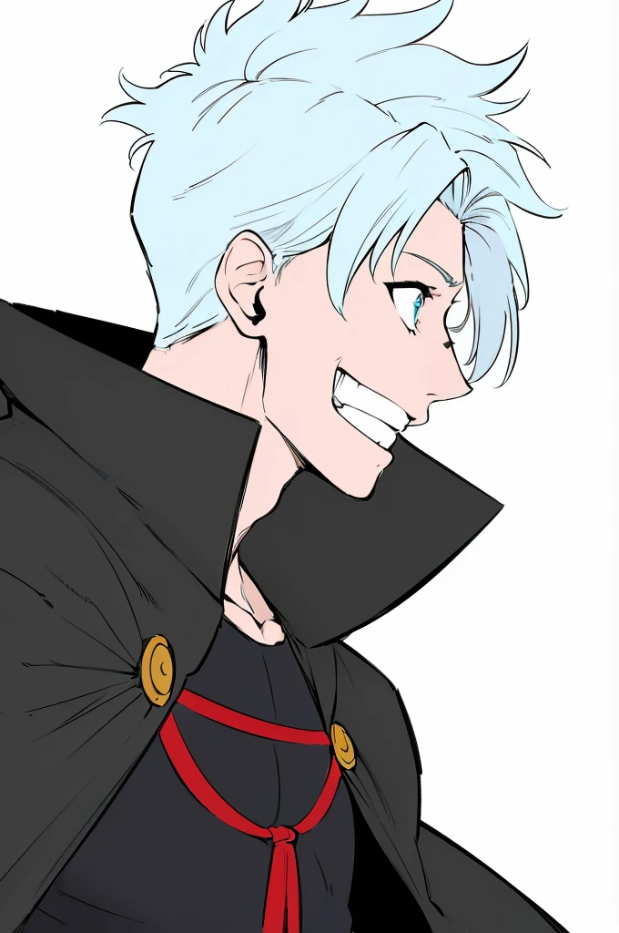 A 20-years-old man, Wearing ninja clothes. Wearing a black cape, Smiling, Anime style, (Side-view: 1.4).