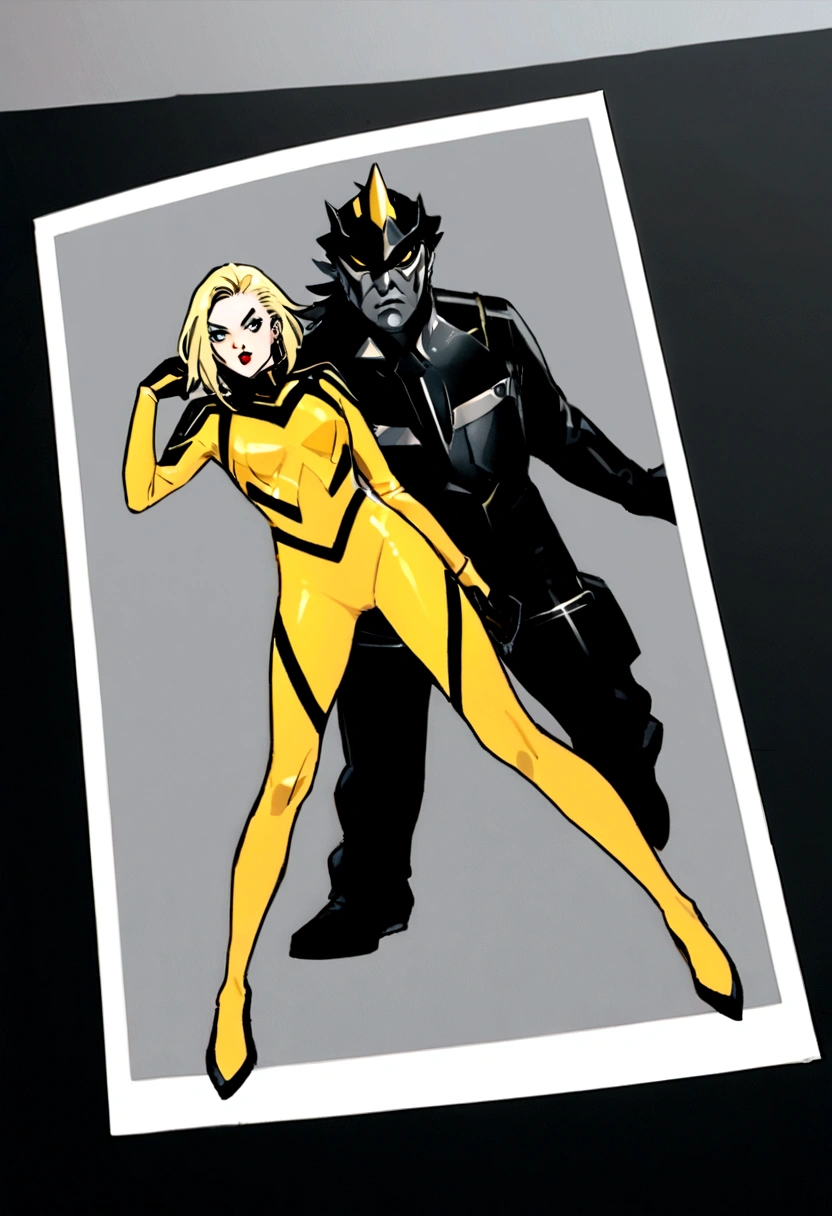 lndswgnr_v1.0, (Sharp focus: 1.5), (sharp focus:1.2), photo, evil twin villains, 1boy, 1girl, teens, battle suits, full body, 1 suit is yellow the other is black, both speedsters