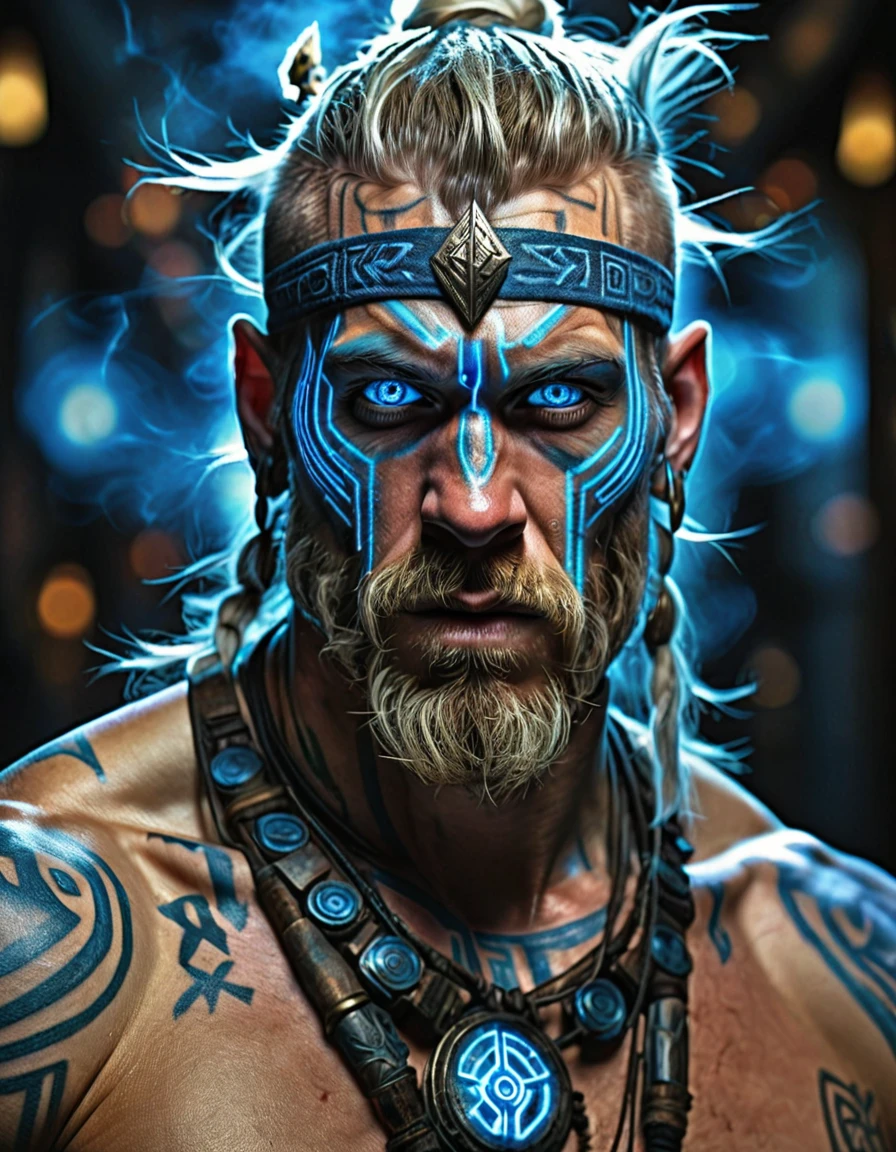 "Create a waist-up high dynamic range (HDR) photographic image in 4K resolution of a close-up of a techno-viking man, who is a djinn-human hybrid inspired by the art of Baldur Nortico and the style of Ryan Barger on Artstation .The man's body should be glowing with an ethereal light, covered in intricate, pulsating blue runes that appear to shift and glow. His face should also feature blue rune tattoos, with bright, piercing blue eyes that appear to shine like elements of stars. science fiction, evoking the majesty of Norse and Hindu gods, with a biomechanical twist Capture the vibrant electric blue tones of runes and man's eyes in stunning detail, as if they were lit from within.