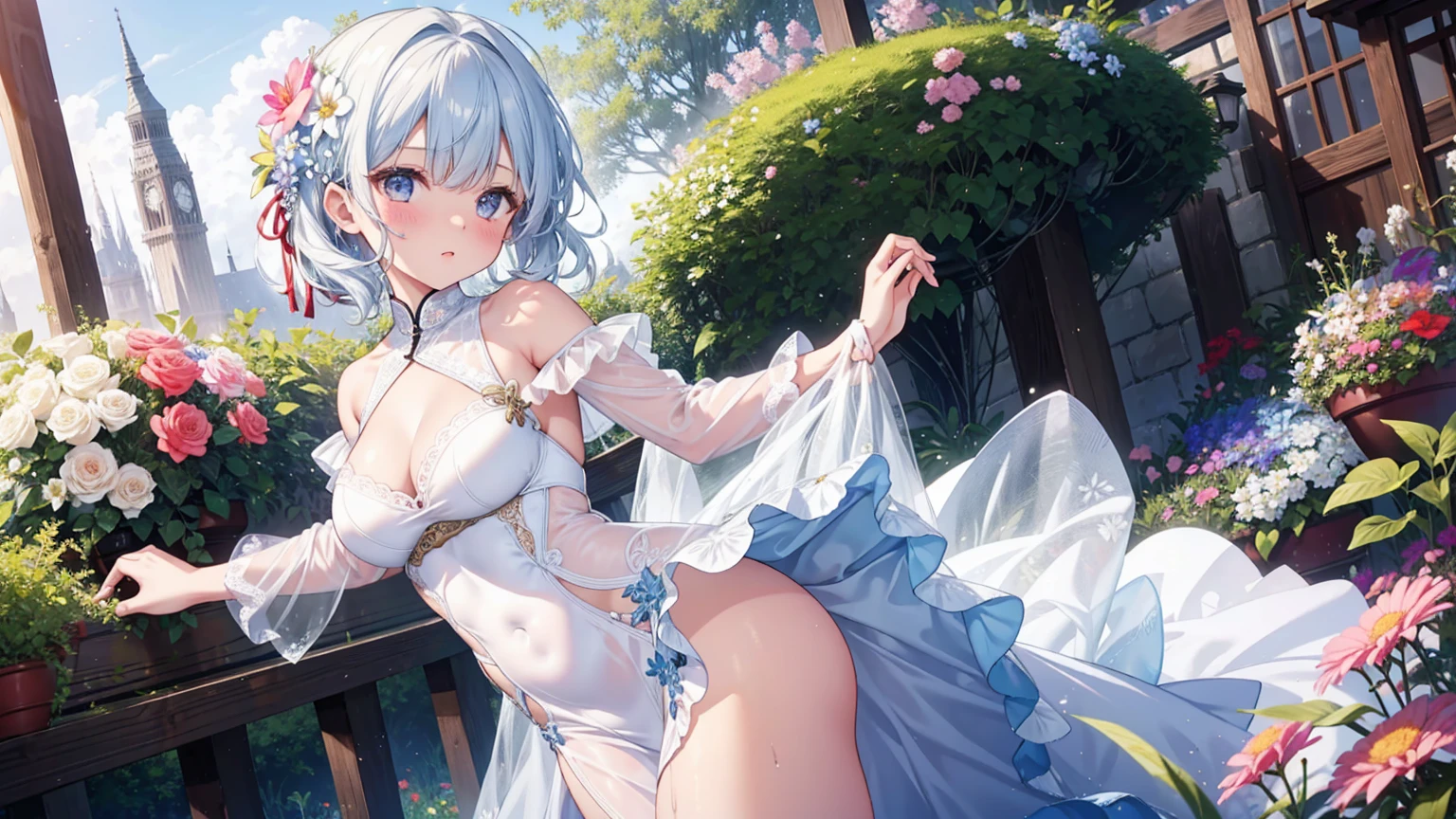 In the garden full of flowers, in the sun, Wearing a floral dress,Big Ass,Girl is dancing。Sexy Sheer White Colonial Dress,