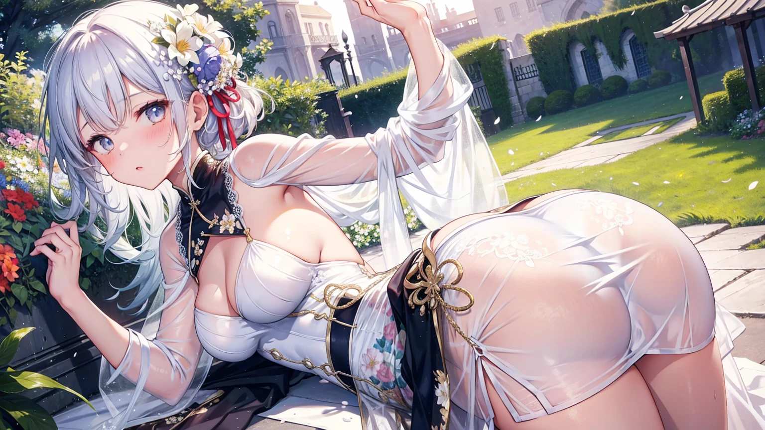 In the garden full of flowers, in the sun, Wearing a floral dress,Big Ass,Girl is dancing。Sexy Sheer White Colonial Dress,