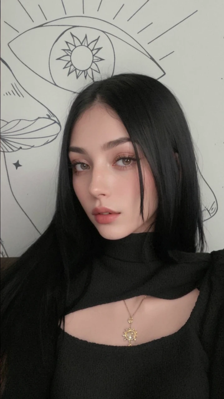 a close up of a woman with a tattoo on her arm, Ela tem cabelo preto com franja, cabelos pretos e olhos grandes, cabelo preto longo com franja, Anna Nikonova aka Newmilky, 1 7 - year - old goth girl, Mia Kischner, rosto extremamente bonito, cabelos escuros longos com franja, whitebangscabelo negro, com cabelos longos e olhos penetrantes