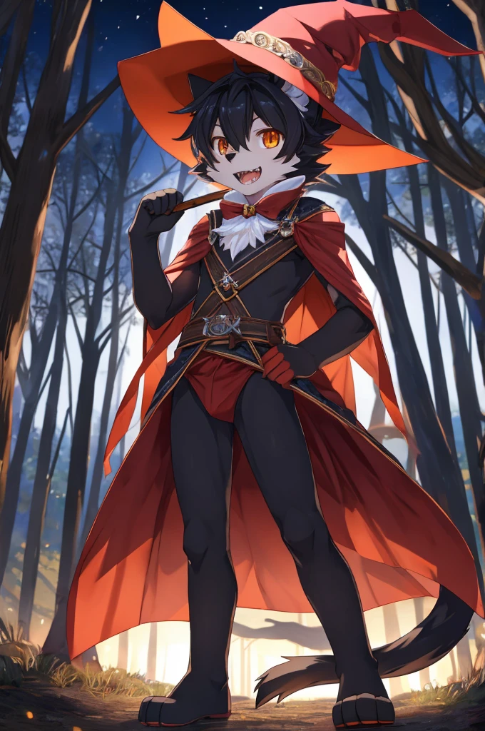 full body POV, furry,kemono,anthro,black cat,black cat ears, black fur, neck floof, orange eyes, sharp teeth, pawpads,pink pawpada, slim, twink, femboy, handsome, tall, posing cutely, forest at night, wearing a witch hat and outfit, best quality, 4K, UHD, masterpiece,