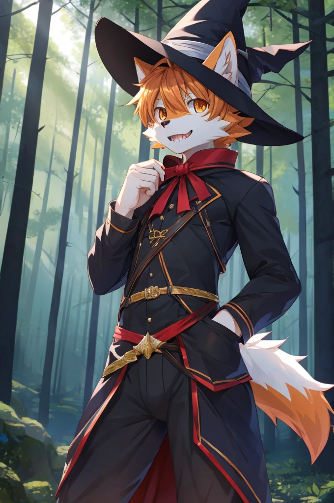 full body POV, furry,kemono,anthro,black cat,black cat ears, black fur, neck floof, orange eyes, sharp teeth, pawpads,pink pawpada, slim, twink, femboy, handsome, tall, posing cutely, forest at night, wearing a witch hat and outfit, best quality, 4K, UHD, masterpiece, 