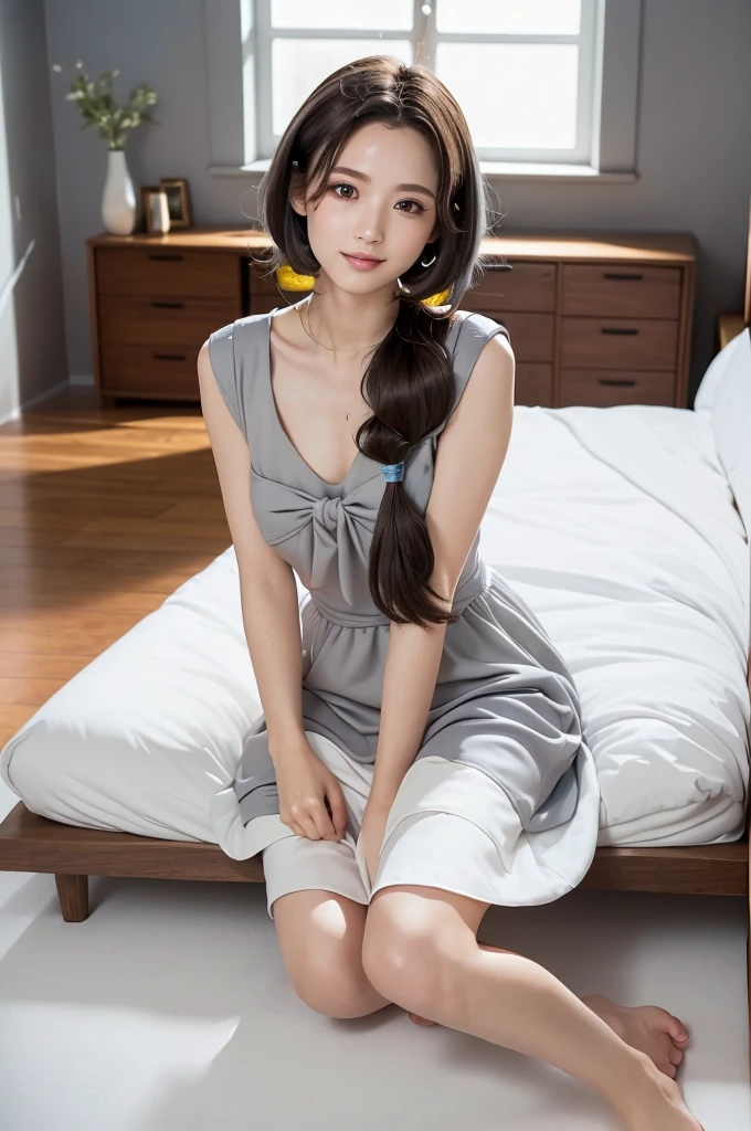 (Highest quality:1.9)、(High resolution)、Live-action image quality、((Neat and clean female college student、1 person))、Soft lighting by a professional photographer、Natural light、((Very spacious white luxurious room:1.6))、((Bright white room:1.6))、(Sitting on a very luxurious white bed:1.2)、(White Bookcase:1.1)、Natural soft light、((Brown Hair:1.1))、Fair skin、Detailed Eyes、double eyelid、Slightly puffy cheeks、((Small Face:1.0))、((Grey dress、Please wear it with the chest open.:1.8))、Live-action image quality、(I don't make bangs:1.8)、F cup big breasts、Cleavage、(smile)、((Girly pose 1.8))、((Long hair without bangs:1.5))、((Full Body Shot:1.2))、((Height: 150cm))、Hands in front、Hide your hands between your legs、((Hairstyle that exposes the forehead:1.8))、