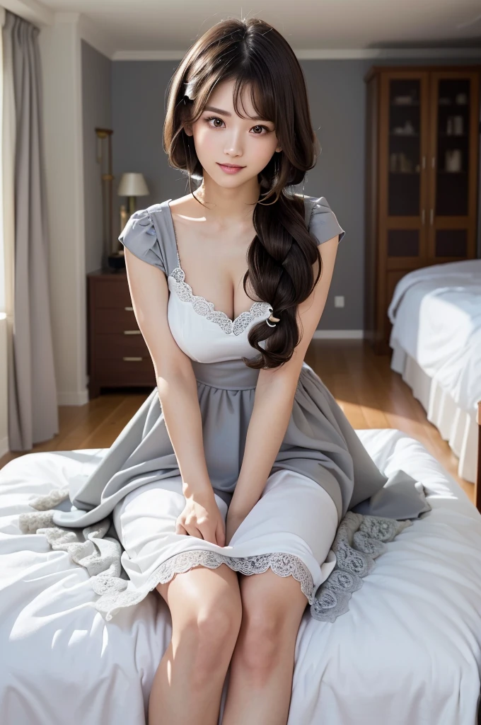 (Highest quality:1.9)、(High resolution)、Live-action image quality、((Neat and clean female college student、1 person))、Soft lighting by a professional photographer、Natural light、((Very spacious white luxurious room:1.6))、((Bright white room:1.6))、(Sitting on a very luxurious white bed:1.2)、(White Bookcase:1.1)、Natural soft light、((Brown Hair:1.1))、Fair skin、Detailed Eyes、double eyelid、Slightly puffy cheeks、((Small Face:1.0))、((Grey dress、Please wear it with the chest open.:1.8))、Live-action image quality、(I don't make bangs:1.8)、F cup big breasts、Cleavage、(smile)、((Girly pose 1.8))、((Long hair without bangs:1.5))、((Full Body Shot:1.2))、((Height: 150cm))、Hands in front、Hide your hands between your legs、((Hairstyle that exposes the forehead:1.8))、
