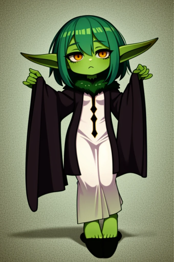 1 girl, small, goblin girl, female goblin, goblin, green skin, large ears, fur-trimmed clothes, animal skin clothes, full body, hypnoLora, empty eyes