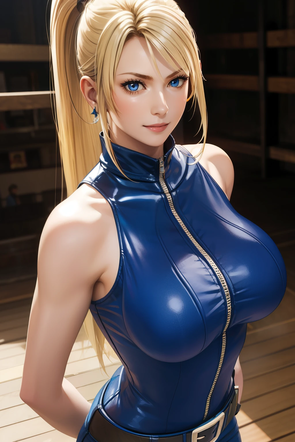 Sarah, blue eyes, long hair, cowboy shot, blonde hair, high ponytail, bodysuit, Shoulders exposed, (arms exposed:1.2), (tight blue bodysuit:1.1), belt ,sleeveless, zipper slightly open, boots, high heels, earrings, fingerless gloves, BREAK masterpiece, 1 girl, RAW photo, (best quality:1.2), extremely delicate beautiful, very detailed, 2k wallpaper, amazing, fine details, extremely detailed CG Unity 8k wallpaper, super detailed, high resolution, (beautiful detailed girl:1.2), perfect anatomy, (shiny clothes:1.1), (smile:1.2), (large breasts:0.5), (upper body:1.4), (Realistic, Photorealistic:1.0), (thin nose:1.2), (breast focus:1.3), 20 year old, high nose bridge, (blue clothes:1.2), fighting pose, fighting arena
