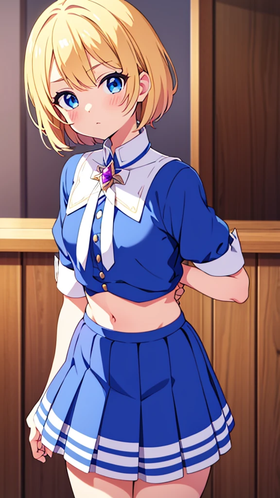 Tomboyish magical girl, Short blond hair, blue eyes, her magical girl outfit seems to be a bit to girly and revealing for her taste, she is looking embarest at the viewer trying to hold her skirt down