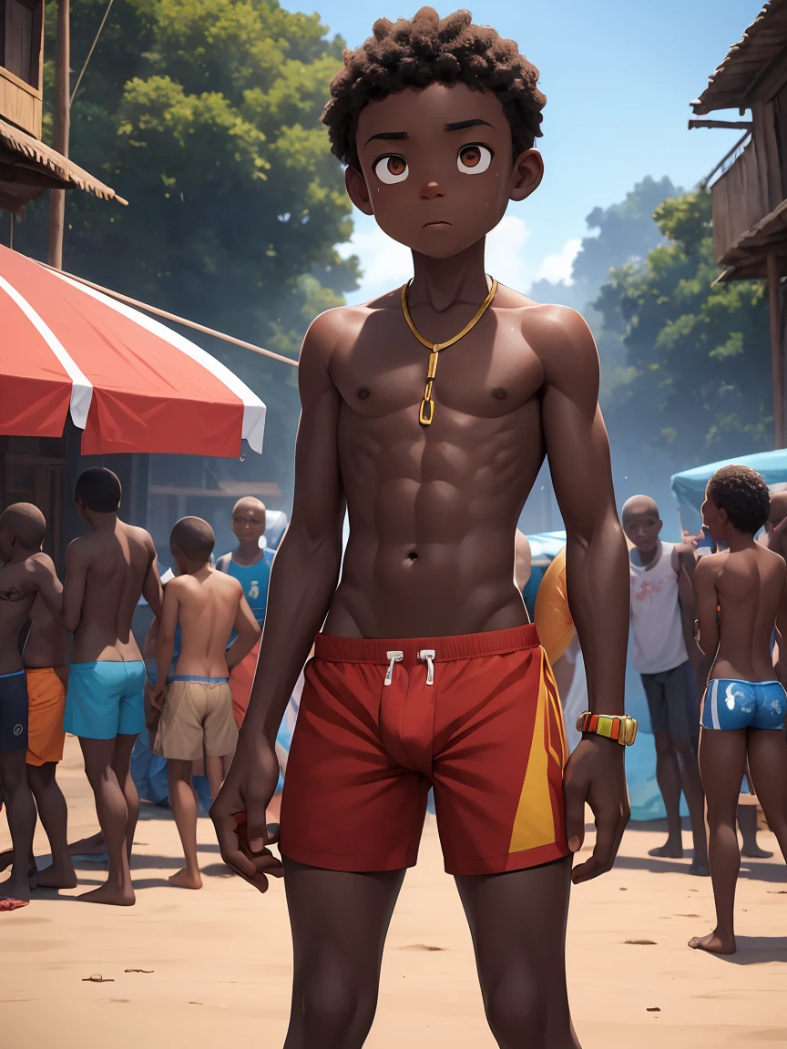 African boy in slum.thin figure，Emaciated figure，A little bit of abdominal muscle contouring，skin glow，（Three-dimensional crotch），（crotch bulge bag），crotch bulge，Wearing red lifeguard briefany people，African tribes，beach background，people coming and going，Soaked all over，sweating
