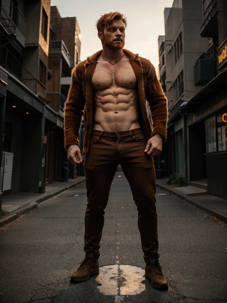 A full body view of a ginger male werewolf wearing clothes that werewolves typically wear.