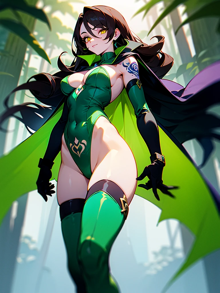 (dark hair with slight blue hue, long hair) , yellow slit eyes, in forest, tight leotard, leotard open on abdomen from cleavage to below belly button, visible belly, massive tits, small green cape over her right shoulder, thigh-high boots, green gloves, snake tattoo on left leg and scales tattoo under her left eye,nice lighting