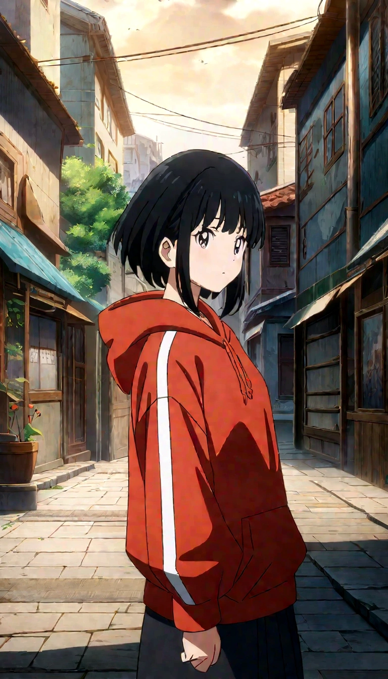 anime character in a city with a red hoodie and black hair, a picture inspired by Ryūsei Kishida, pixiv contest winner, serial art, badass anime 8 k, anime style 4 k, anime wallpaper 4k, anime wallpaper 4 k, anime art wallpaper 8 k, 4k anime wallpaper, anime art wallpaper 4k, anime art wallpaper 4 k