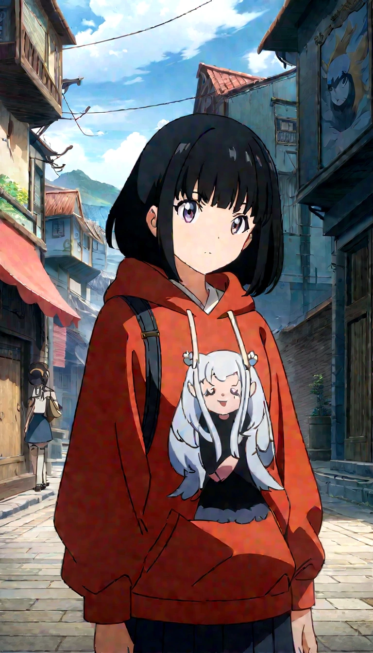 anime character in a city with a red hoodie and black hair, a picture inspired by Ryūsei Kishida, pixiv contest winner, serial art, badass anime 8 k, anime style 4 k, anime wallpaper 4k, anime wallpaper 4 k, anime art wallpaper 8 k, 4k anime wallpaper, anime art wallpaper 4k, anime art wallpaper 4 k