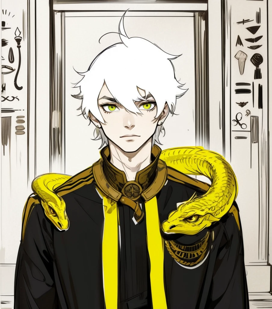 chico intimidante mirada sria desafiante da miedo ojos amarillos cabello de color blanco tiene en su cuerpo srpientes amarrillas traje dorado con negro y amarillo es un dios egipcio