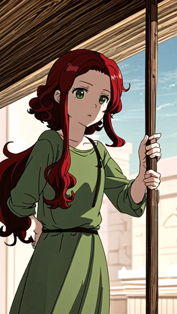 design of a girl with curly red hair, green eyes with a stick  