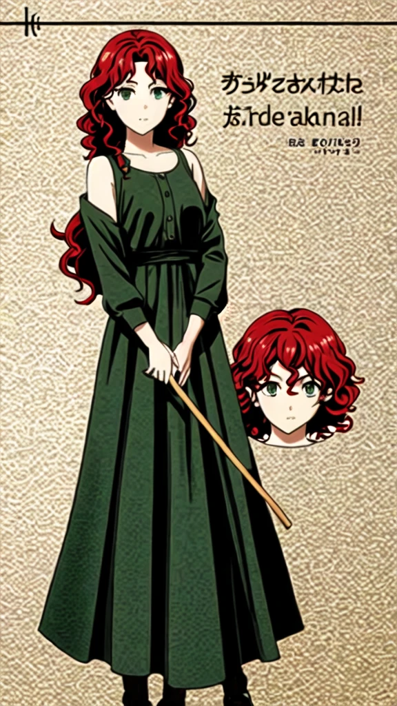 design of a girl with curly red hair, green eyes with a stick  