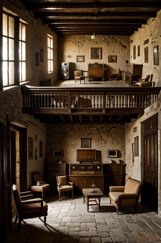 Sala antigua con sillon (Year 1940) con una mesa a un lado y un radio antiguo encima