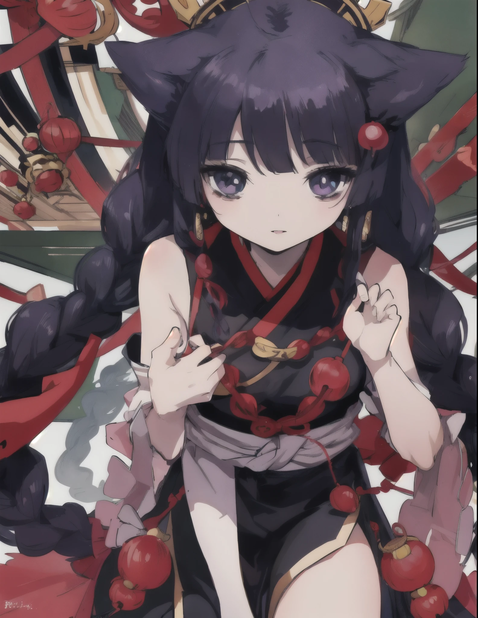 a woman, black long hair, manga style by Torii Kiyomasu, old chinese temple background, anime aesthetic, official anime art, highly detailed, 8k, photorealistic, masterpiece, dramatic lighting, beautiful detailed eyes, beautiful detailed lips, extremely detailed face, long eyelashes, elegant pose, dynamic composition, hanfu, chinese, skinny, some beads and small braids in hair