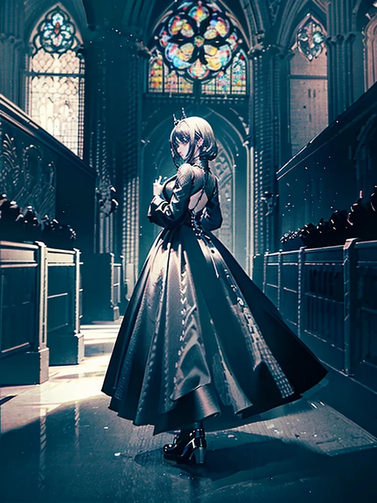 Black statue of Young woman with wings in big black dress, coal statue, made of coal, black wing, in big gothic church, evil, spooky, magic, epic