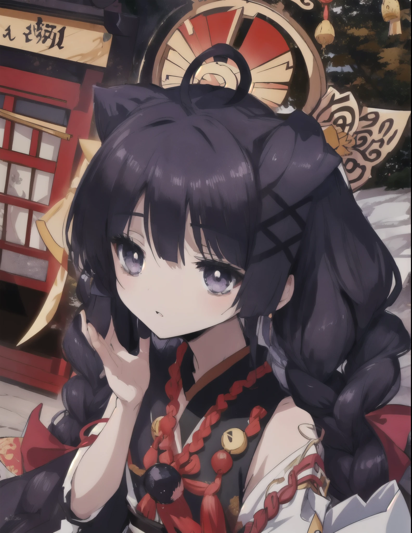 a woman, black long hair, manga style by Torii Kiyomasu, old chinese temple background, anime aesthetic, official anime art, highly detailed, 8k, photorealistic, masterpiece, dramatic lighting, beautiful detailed eyes, beautiful detailed lips, extremely detailed face, long eyelashes, elegant pose, dynamic composition, hanfu, chinese, skinny, some beads and small braids in hair