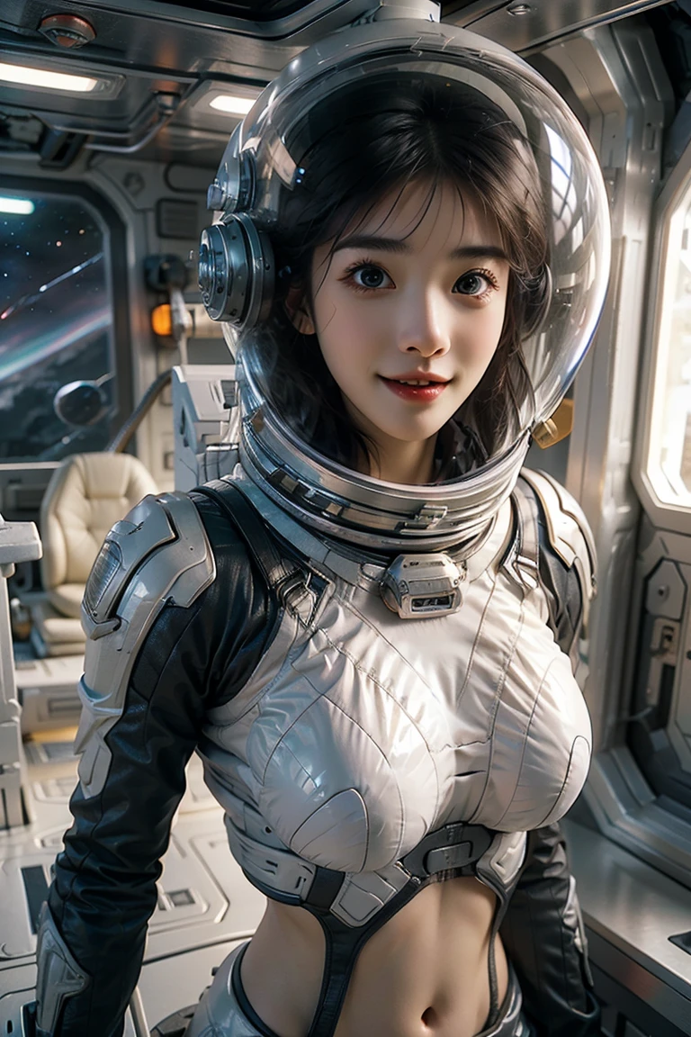 A girl wearing a spacesuit，Exposing sexy belly，Seven-point lens，Looking at the camera，Detailed facial features, beautiful eyes, Lips, and long eyelashes, Reality, 8K， Very detailed, Studio Lighting, Dramatic Lighting, Vibrant colors, work, Outer Space，Smiling