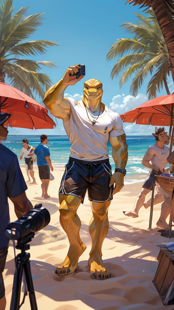 A male furry viper is white and is on the beach as they are taking a photo of it. In the photo he appears in full body and wearing a muscular shirt as well as some shorts.