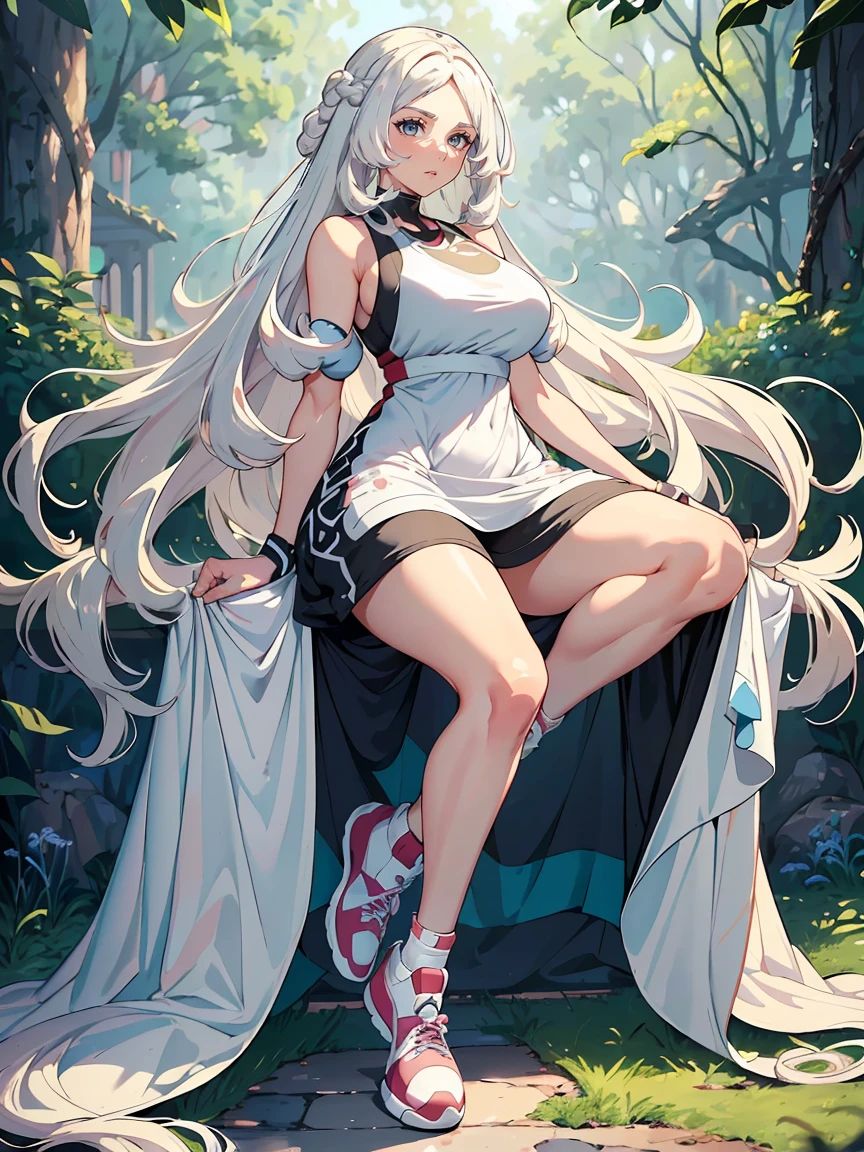 handsome mature woman，Long wavy white hair，Hyperresolution，accuracy，Detailed rendering，（Subtle facial image）（Image of fine hair）（topquality）（Masterpieces of masters）（High degree of completeness）（A sense of atmosphere）tmasterpiece，Super detailed and super detailed（half-body portrait）((Masterpiece, Highest quality)), Detailed face, CharacterDesignSheet, full bodyesbian, Full of details, Multiple poses and expressions, Highly detailed, Depth, Many parts，Beautiful，Extremely beautiful，High Balance, Natural light, drawn art style, white hair, curly hair down to ankles, ankle length hair, (((Ankle length hair))) (((thick hair))) (((pokemon trainer)))(((Pokemon gym leader))))(((Gym clothes)))(((Sporty outfit)))(((nO DRESS))) (((bAEBALL CAP)))(((Gym outfit)))(((Workout outfit)))