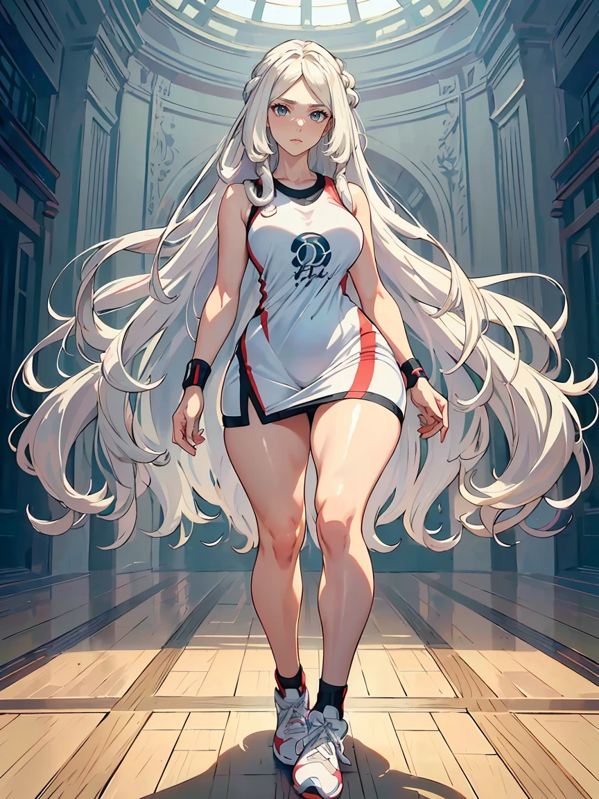 handsome mature woman,Long wavy white hair,Hyperresolution,accuracy,Detailed rendering,(Subtle facial image)(Image of fine hair)(topquality)(Masterpieces of masters)(High degree of completeness)(A sense of atmosphere)tmasterpiece,Super detailed and super detailed(half-body portrait)((Masterpiece, Highest quality)), Detailed face, CharacterDesignSheet, full bodyesbian, Full of details, Multiple poses and expressions, Highly detailed, Depth, Many parts,Beautiful,Extremely beautiful,High Balance, Natural light, drawn art style, white hair, curly hair down to ankles, ankle length hair, (((Ankle length hair))) (((thick hair))) (((pokemon trainer)))(((Pokemon gym leader))))(((Gym clothes)))(((Sporty outfit)))(((nO DRESS))) (((bAEBALL CAP)))(((Gym outfit)))(((Workout outfit)))