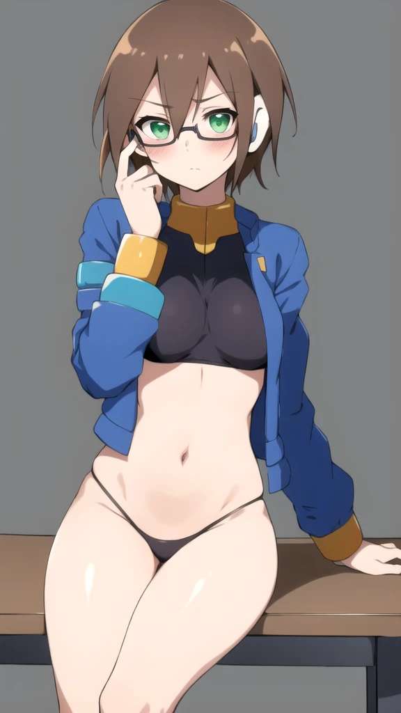 Aile_Megamanzx, 1 Girl, looking at viewer, Brown hair, Green eyes, Simple background , Blushed , Leaning on a table , Glasses , sharped Eyes, , Green Micro Bikini