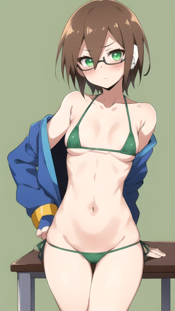Aile_Megamanzx, 1 Girl, looking at viewer, Brown hair, Green eyes, Simple background , Blushed , Leaning on a table , Glasses , sharped Eyes, Naked, Green Micro Bikini
