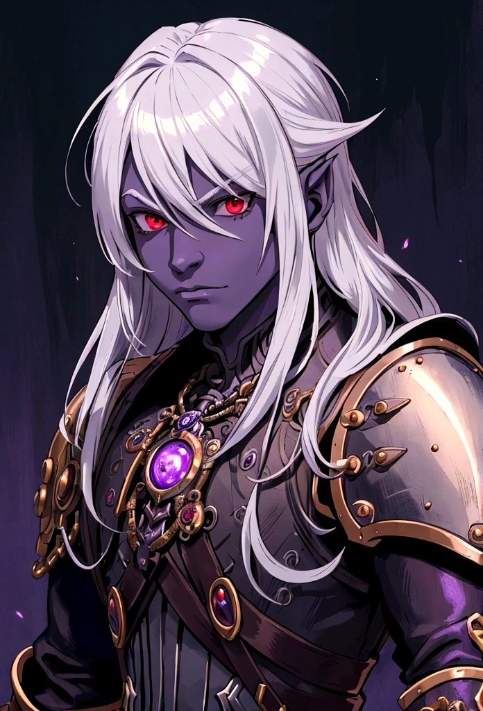 ((best quality)), ((masterpiece)), (detailed), ((boy)), (steampunk), (dungeonpunk), drow with purple skin, upper body, portrait, red eyes, long white hair, Xemnas from Kingdom Hearts, half-drow, dark skinned, (full knight armor), paladin, serious face