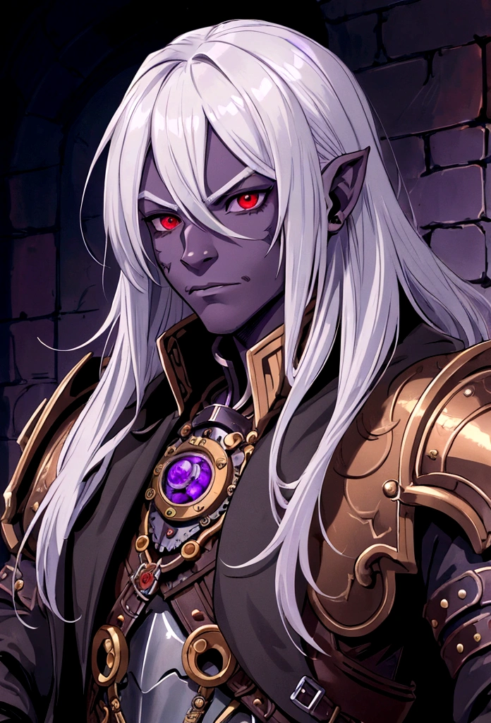 ((best quality)), ((masterpiece)), (detailed), ((boy)), (steampunk), (dungeonpunk), drow with purple skin, upper body, portrait, red eyes, long white hair, Xemnas from Kingdom Hearts, half-drow, dark skinned, (full knight armor), paladin, serious face