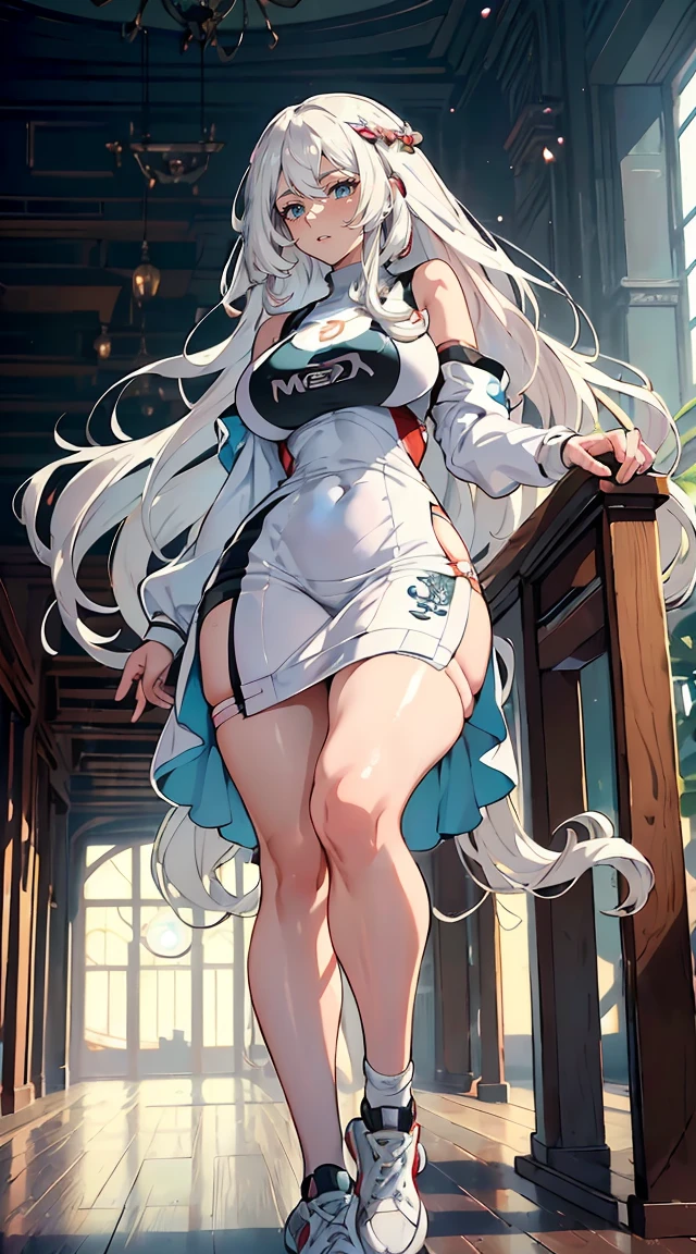 handsome mature woman，Long wavy white hair，Hyperresolution，accuracy，Detailed rendering，（Subtle facial image）（Image of fine hair）（topquality）（Masterpieces of masters）（High degree of completeness）（A sense of atmosphere）tmasterpiece，Super detailed and super detailed（half-body portrait）((Masterpiece, Highest quality)), Detailed face, CharacterDesignSheet, full bodyesbian, Full of details, Multiple poses and expressions, Highly detailed, Depth, Many parts，Beautiful，Extremely beautiful，High Balance, Natural light, drawn art style, white hair, curly hair down to ankles, ankle length hair, (((Ankle length hair))) (((thick hair))) (((pokemon trainer)))(((Pokemon gym leader))))(((Gym clothes)))(((Sporty outfit)))(((nO DRESS))) (((bAEBALL CAP)))(((Gym outfit)))(((Workout outfit)))