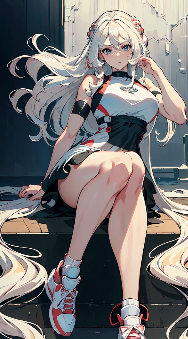 handsome mature woman,Long wavy white hair,Hyperresolution,accuracy,Detailed rendering,(Subtle facial image)(Image of fine hair)(topquality)(Masterpieces of masters)(High degree of completeness)(A sense of atmosphere)tmasterpiece,Super detailed and super detailed(half-body portrait)((Masterpiece, Highest quality)), Detailed face, CharacterDesignSheet, full bodyesbian, Full of details, Multiple poses and expressions, Highly detailed, Depth, Many parts,Beautiful,Extremely beautiful,High Balance, Natural light, drawn art style, white hair, curly hair down to ankles, ankle length hair, (((Ankle length hair))) (((thick hair))) (((pokemon trainer)))(((Pokemon gym leader))))(((Gym clothes)))(((Sporty outfit)))(((nO DRESS))) (((bAEBALL CAP)))(((Gym outfit)))(((Workout outfit)))