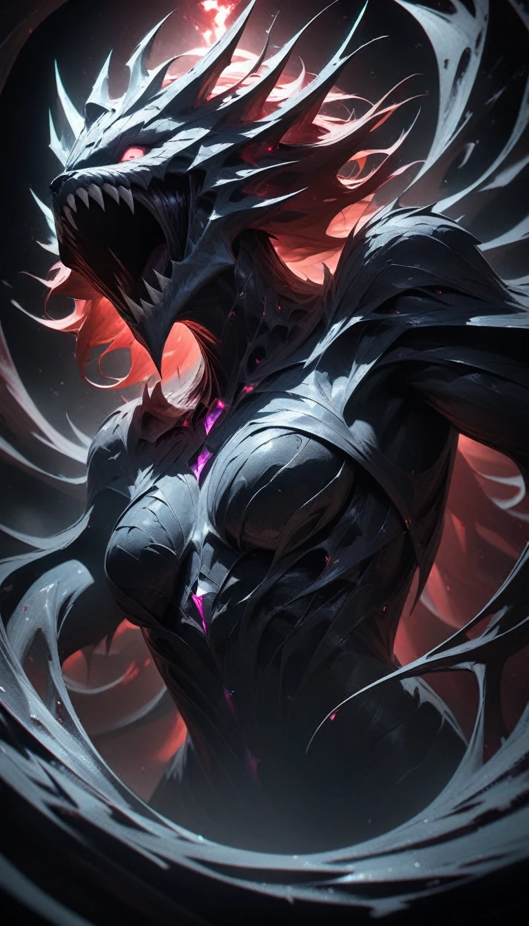a high angle of a monster with a side facing, sly smile with all of her pitch-black eyes facing upwards, scary , ultra wide-angle, Grainy , mysterious color , infrared lighting . Super detailed, photorealistic, splattered, spattered , cinematic light , black background , Cycles render, intricate artwork masterpiece , dreamy, glowing, backlit, glamour, vibrant, ultra high quality model, 4K
