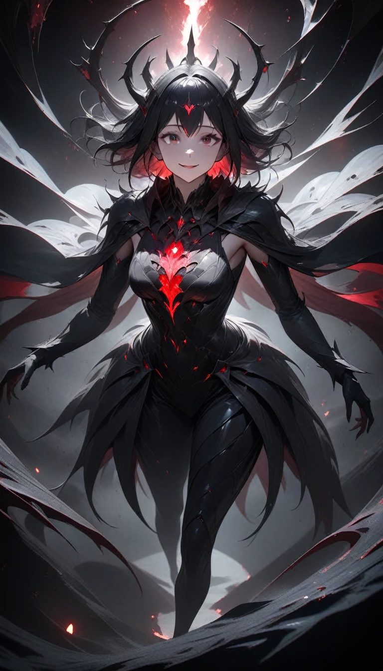 a high angle of a monster with a side facing, sly smile with all of her pitch-black eyes facing upwards, scary , ultra wide-angle, Grainy , mysterious color , infrared lighting . Super detailed, photorealistic, splattered, spattered , cinematic light , black background , Cycles render, intricate artwork masterpiece , dreamy, glowing, backlit, glamour, vibrant, ultra high quality model, 4K