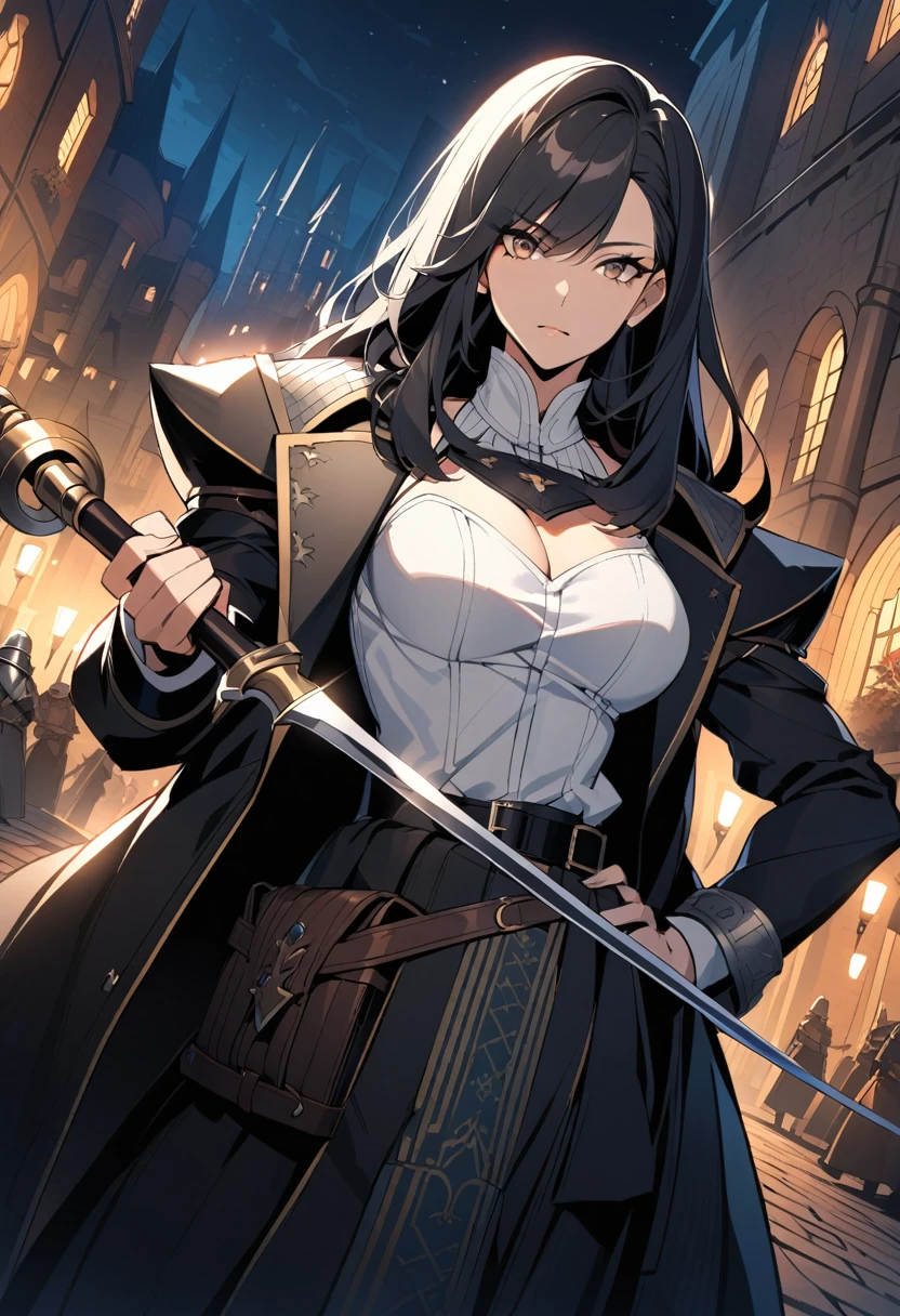{{upper body, dutch angle}} {{Artist: ratatatat74}} 1girl, mature female, black hair, long straight hair, well toned, brown eyes, soldier, black overcoat, white blouse underneath, black waistbelt, one hand holding the handle of a rapier, outdoors, city, nighttime, standing, stoic look, one hand on hips, looking at user pov, medieval fantasy.