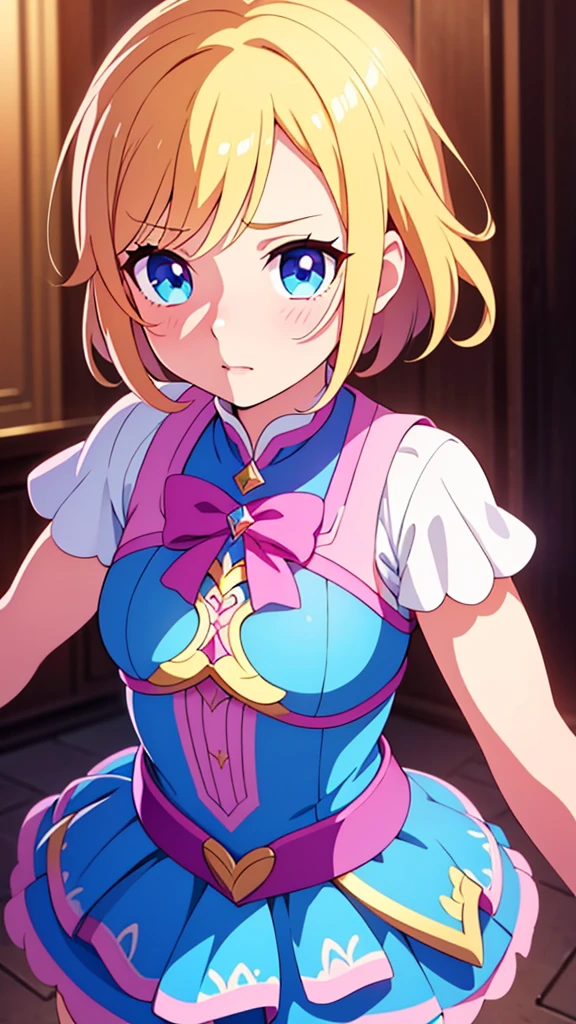 a cute tomboyish magical girl, short blond hair, blue eyes, her magical girl outfit has a masculine look, embarrassed expression, (best quality,4k,8k,highres,masterpiece:1.2),ultra-detailed,(realistic,photorealistic,photo-realistic:1.37),portrait,highly detailed face, beautiful detailed eyes, beautiful detailed lips, extremely detailed eyes and face, long eyelashes, magical girl outfit, cute but masculine design, embarrassed expression, looking at viewer, magical girl powers, beautiful colors, dramatic lighting