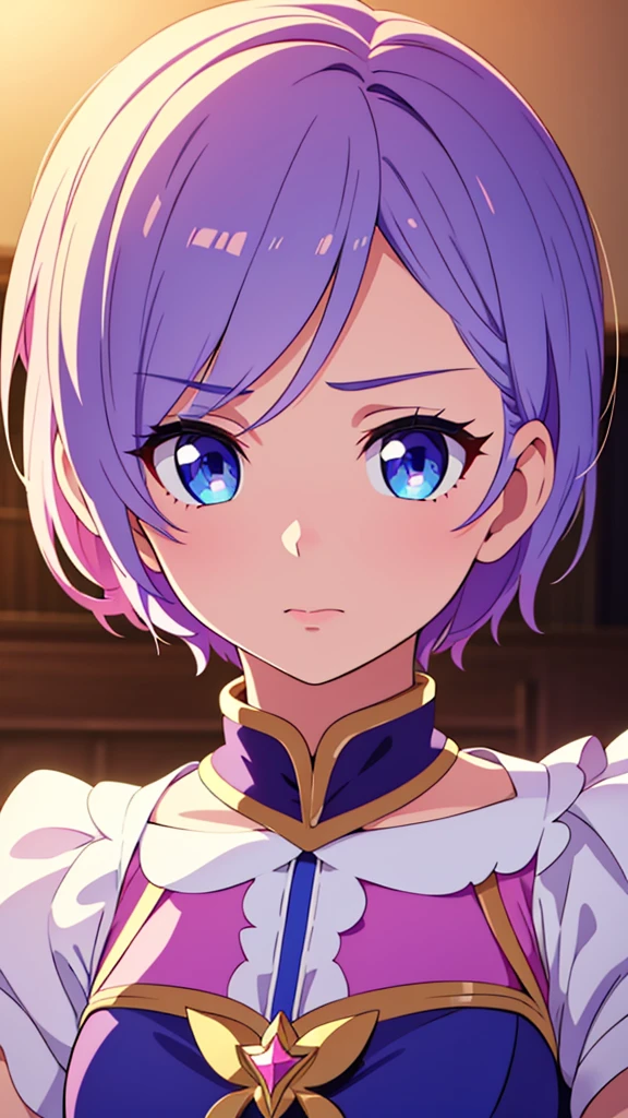 a cute tomboyish magical girl, short blond hair, blue eyes, her magical girl outfit has a masculine look, embarrassed expression, (best quality,4k,8k,highres,masterpiece:1.2),ultra-detailed,(realistic,photorealistic,photo-realistic:1.37),portrait,highly detailed face, beautiful detailed eyes, beautiful detailed lips, extremely detailed eyes and face, long eyelashes, magical girl outfit, cute but masculine design, embarrassed expression, looking at viewer, magical girl powers, beautiful colors, dramatic lighting