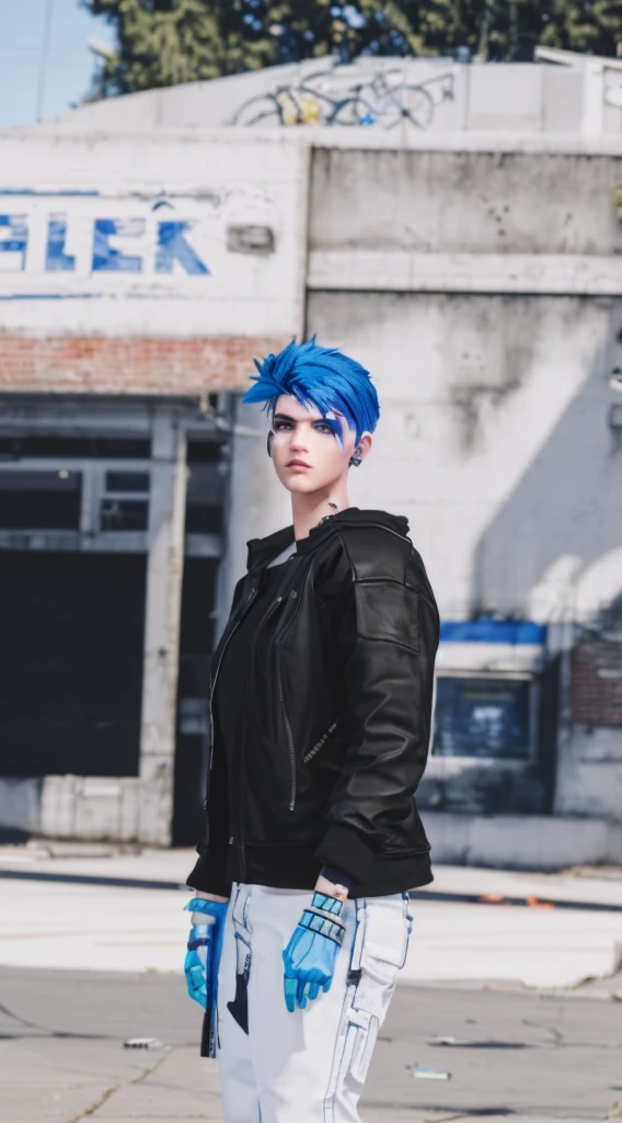 there is a man with blue hair standing in front of a building, cyberpunk dyed haircut, detailed punk hair, cyberpunk street goon, as a character from gtav, short blue haired woman, mechanic punk outfit, styled like ghost in the shell, gta character, chloe price, with blue hair, full body shot hyperdetailed, hyper-realistic cyberpunk style, cyberpunk streetwear
