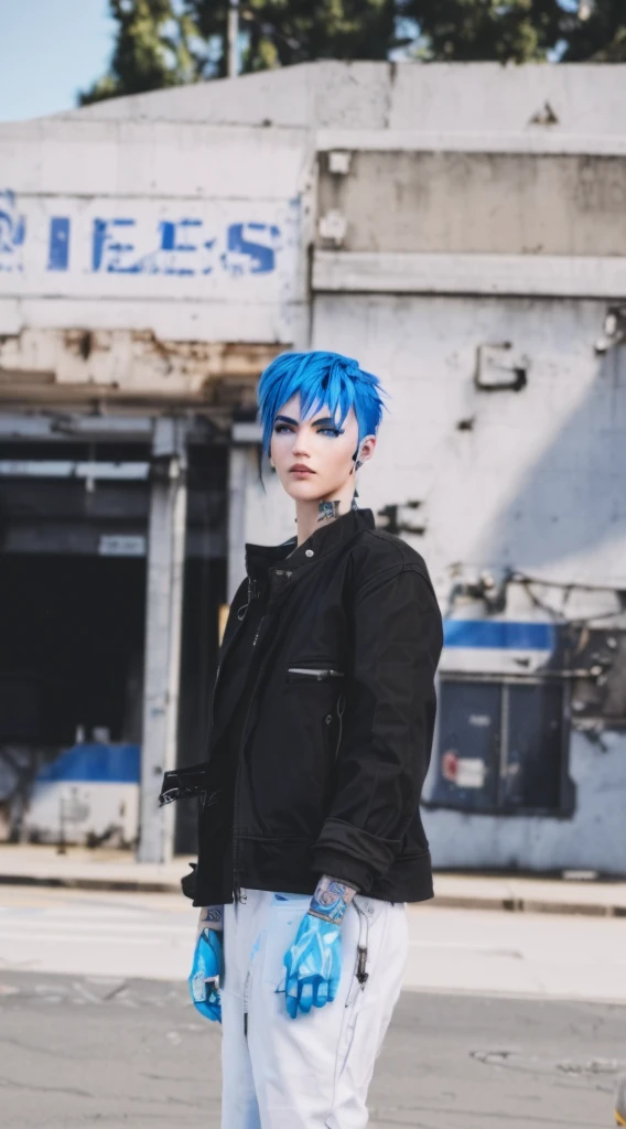 there is a man with blue hair standing in front of a building, cyberpunk dyed haircut, detailed punk hair, cyberpunk street goon, as a character from gtav, short blue haired woman, mechanic punk outfit, styled like ghost in the shell, gta character, chloe price, with blue hair, full body shot hyperdetailed, hyper-realistic cyberpunk style, cyberpunk streetwear