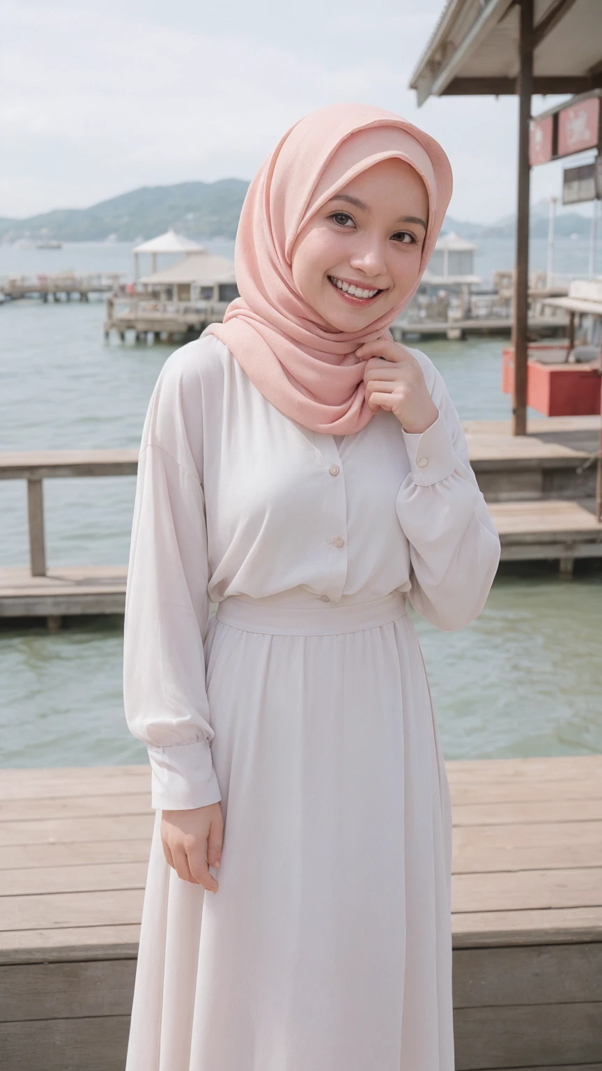 analog film photo solo, gstyle, realistic, ((woman)), (((hijab))), (((grin512:1.2))), ((Long sleeves abaya, moslem dress)), ((waterfront boardwalk, ocean views, bustling shops, leisurely stroll)), ((dynamic pose)), PA7_Human-Likeness, PA7_Photo, high detailed, 8k, clear facial features, pastel themed colorgrade, in style of wes anderson, rainych . faded film, desaturated, 35mm photo, grainy, vignette, vintage, Kodachrome, Lomography, stained, highly detailed, found footage