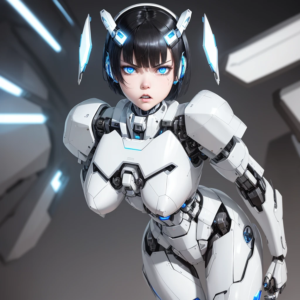 a girl with a full white cyborg body, featuring sleek and high-tech components. She has beautiful short black hair and bangs, blue eyes, and an angry expression. with her polished mechanical limbs and torso emphasizing her intense emotions. ((white robot mecha headgear)), ((white cyborg body)), headband