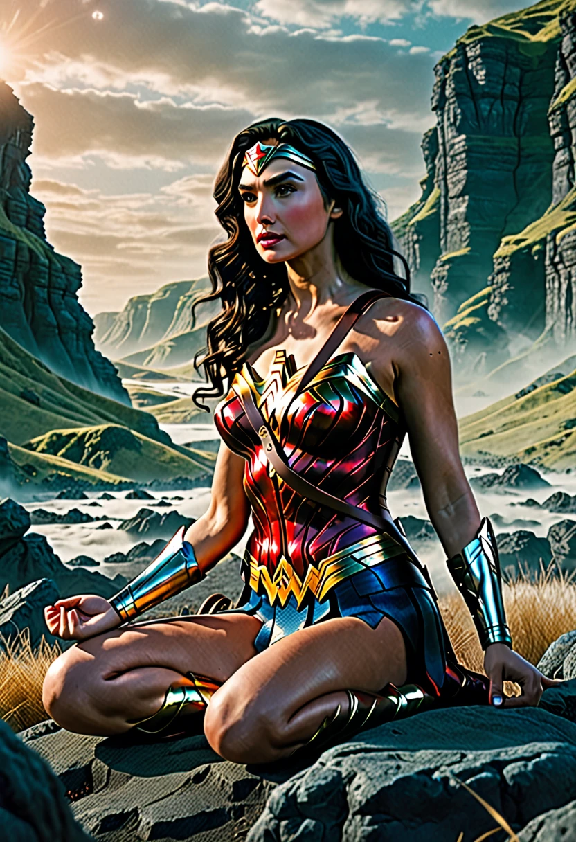wonder woman is meditating.She is in a surreal landscape ultra-detailed cinematic best quality