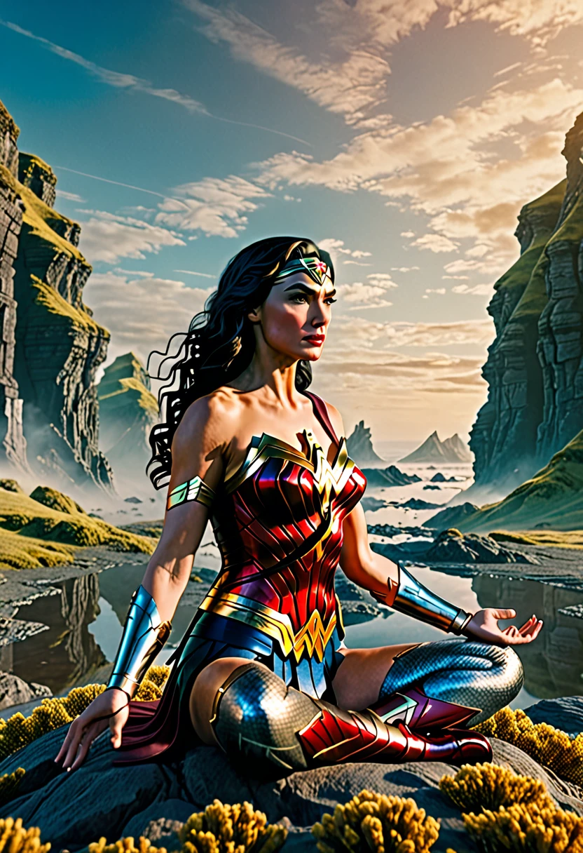 wonder woman is meditating.She is in a surreal landscape ultra-detailed cinematic best quality